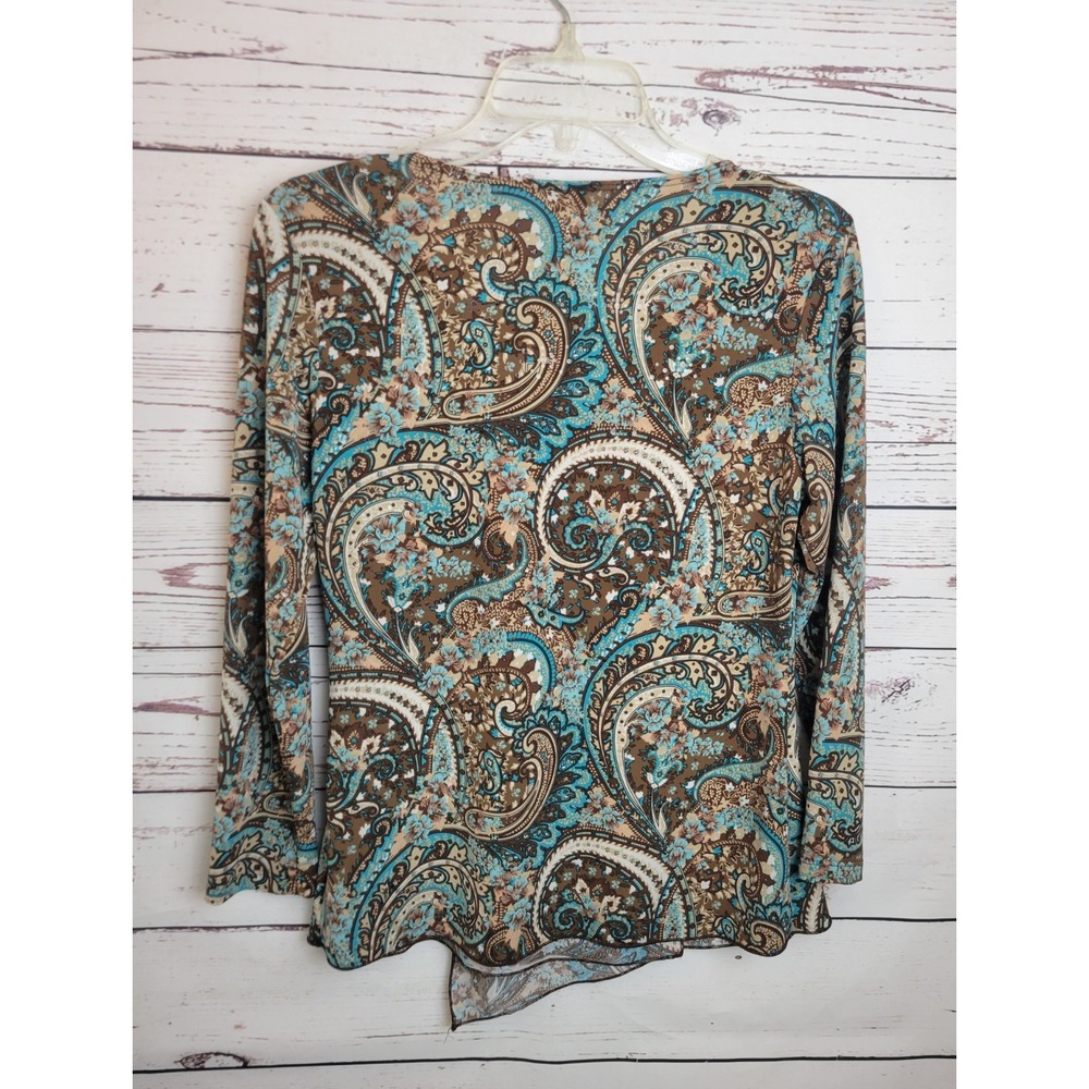 Susan Lawrence Peplum Top Paisley Sequin Faux Wrap Bohemian Career Blue Brown M - Picture 2 of 10